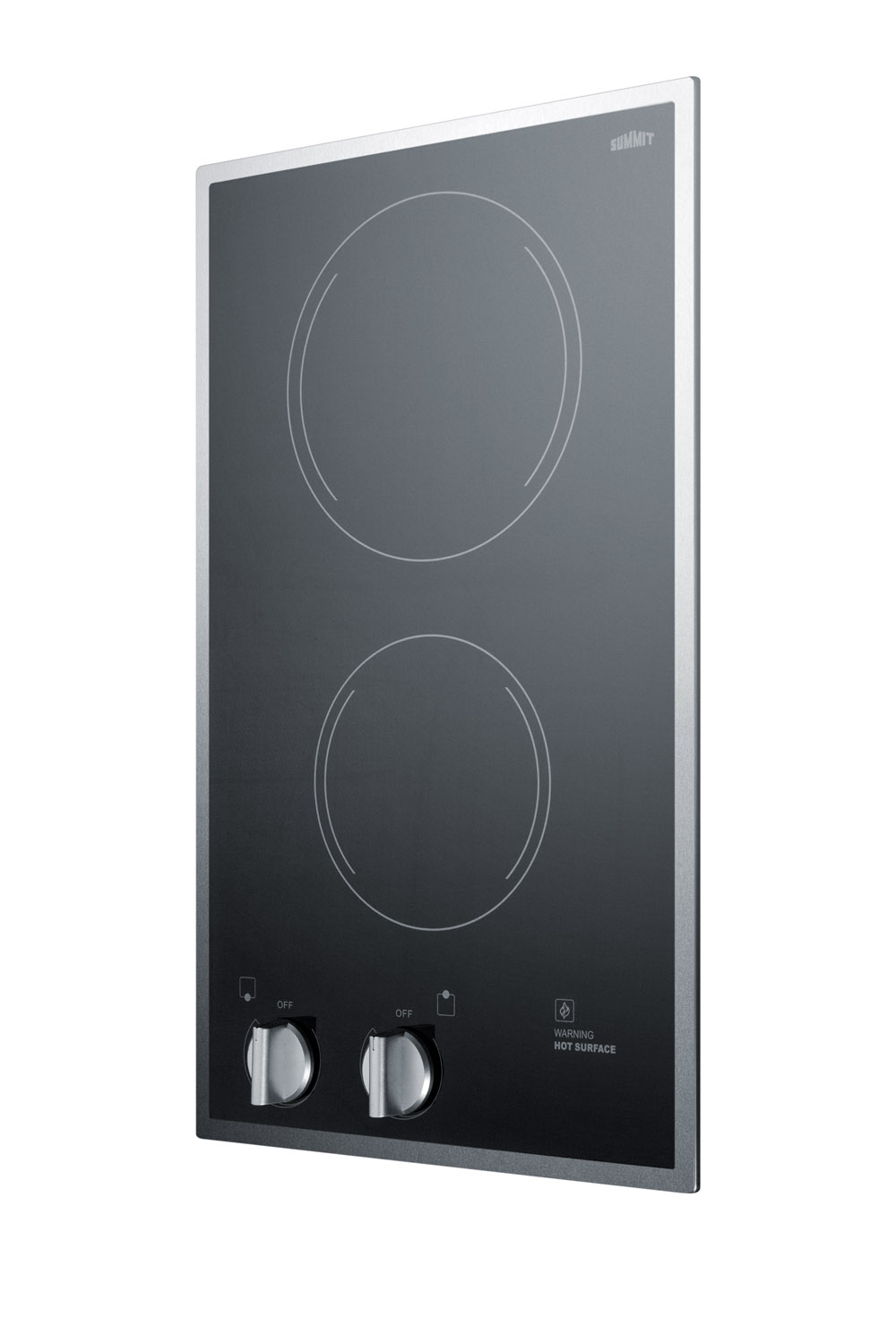 115V 2-burner radiant cooktop with smooth black ceramic glass surface, stainless steel trim, and pre-installed cord